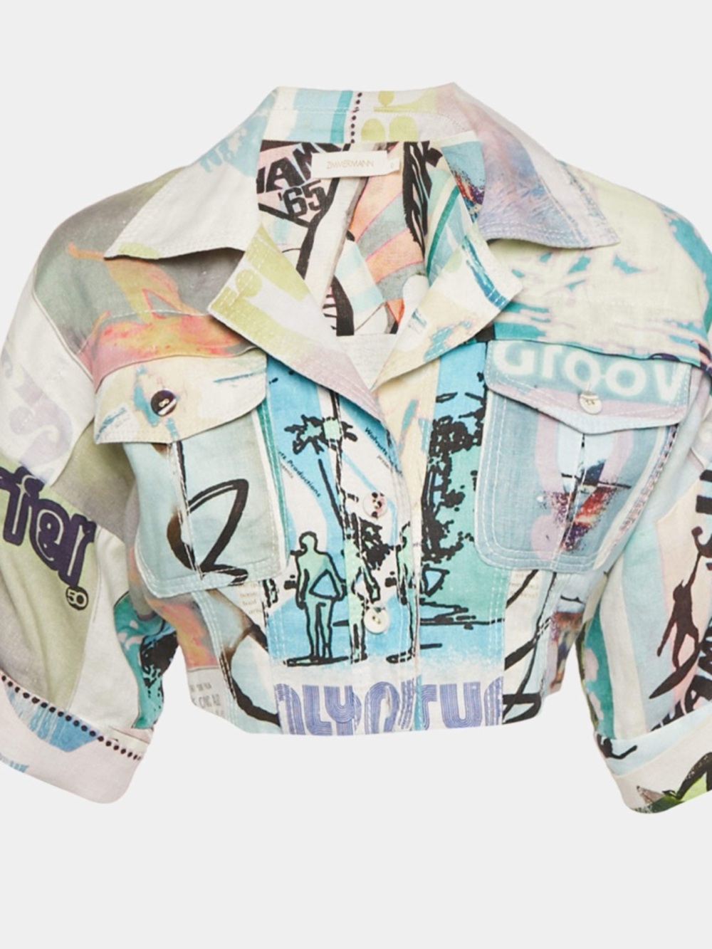 Zimmermann Multicolor Printed Crop Jacket in Blue, Green, Pink